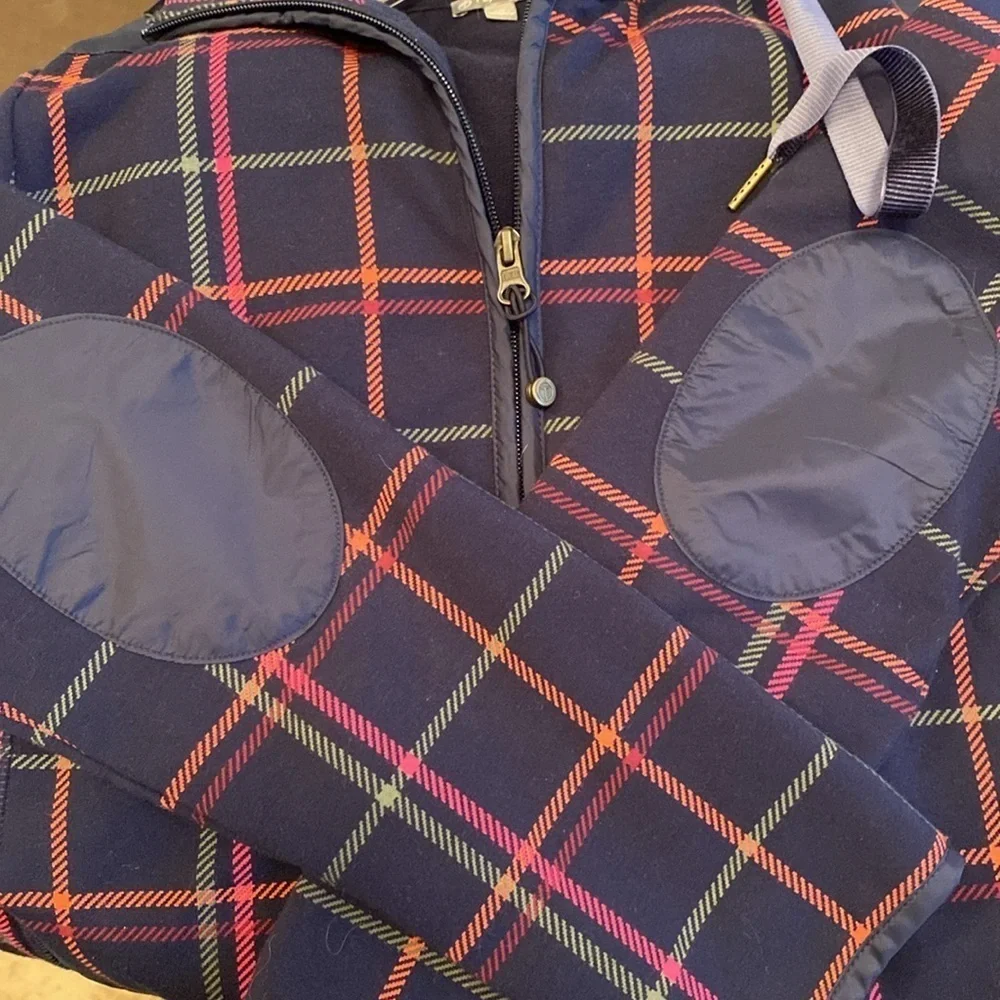 T by Talbots navy orange pink plaid cotton blend casual jacket zip closure MP